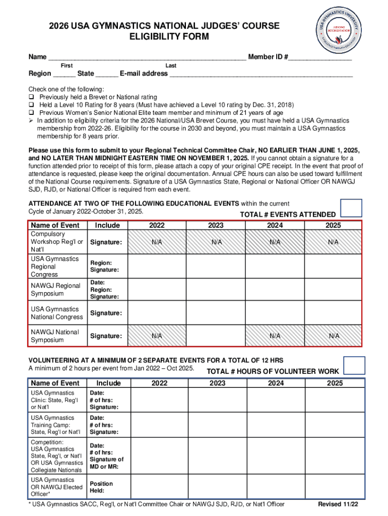 Fillable Online USA Gymnastics National Judges' Course Eligibility Form