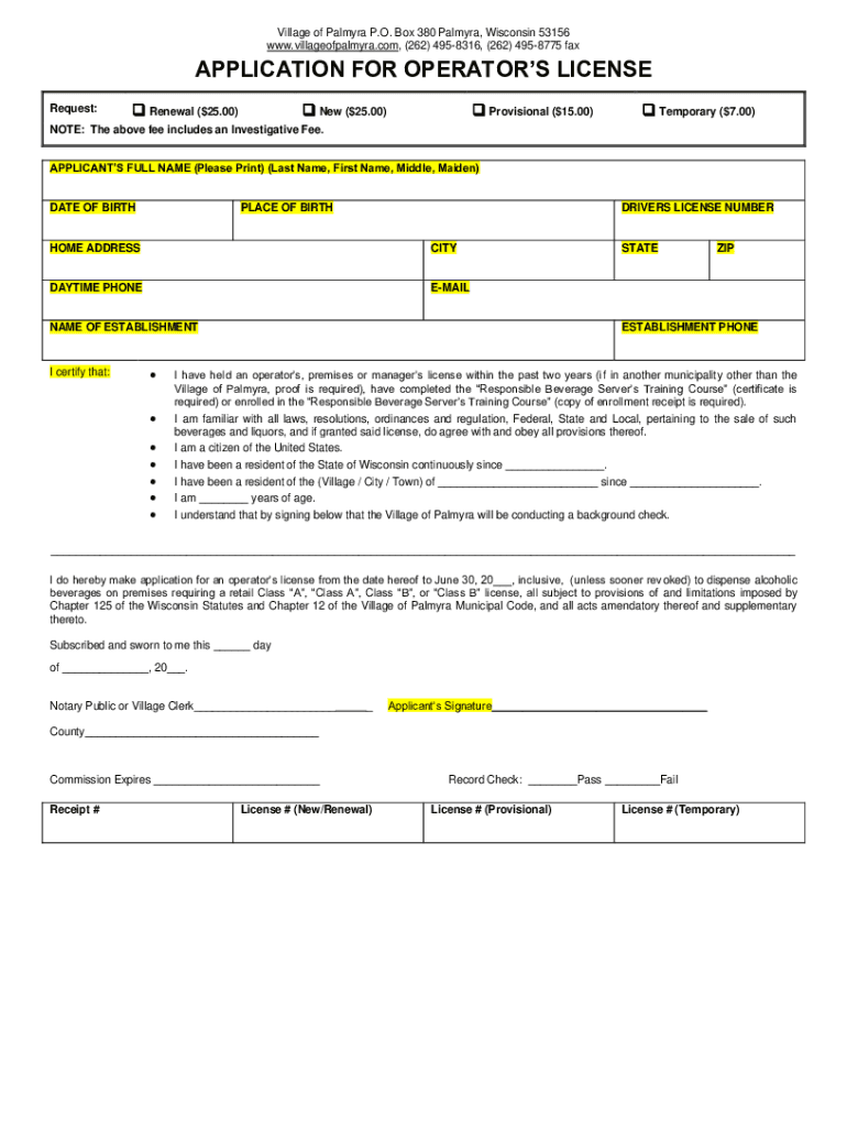 Fillable Online Application for operator's license Village of Palmyra