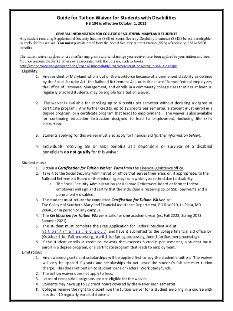 Fillable Online Guide for Tuition Waiver for Students with Disabilities