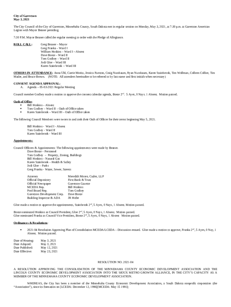 a resolution authorizing a variance Garretson, SD Doc Template