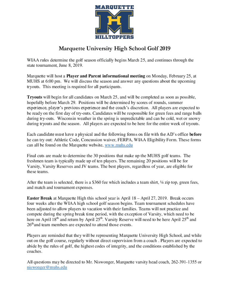 Fillable Online WIAA rules determine the golf season officially begins