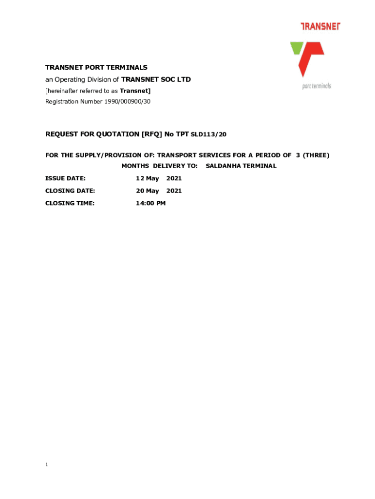 Fillable Online REQUEST FOR QUOTATION RFQ No TPT SLD113/20 Fax Email