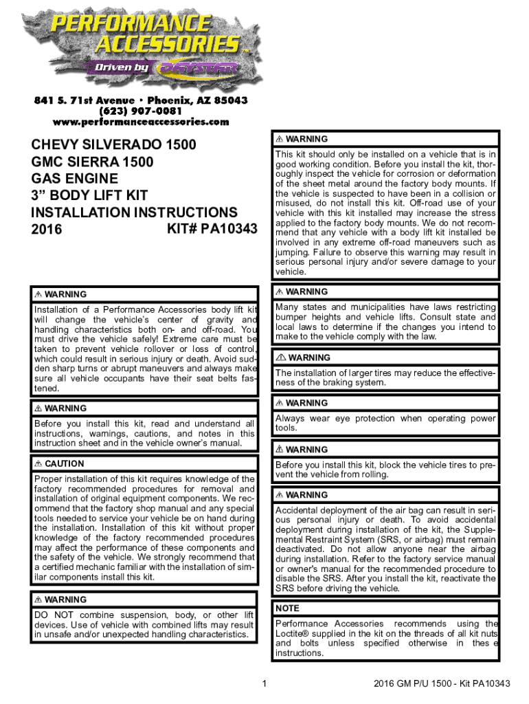 Fillable Online chevy/gmc 1500hd p/u 3 body lift kit installation
