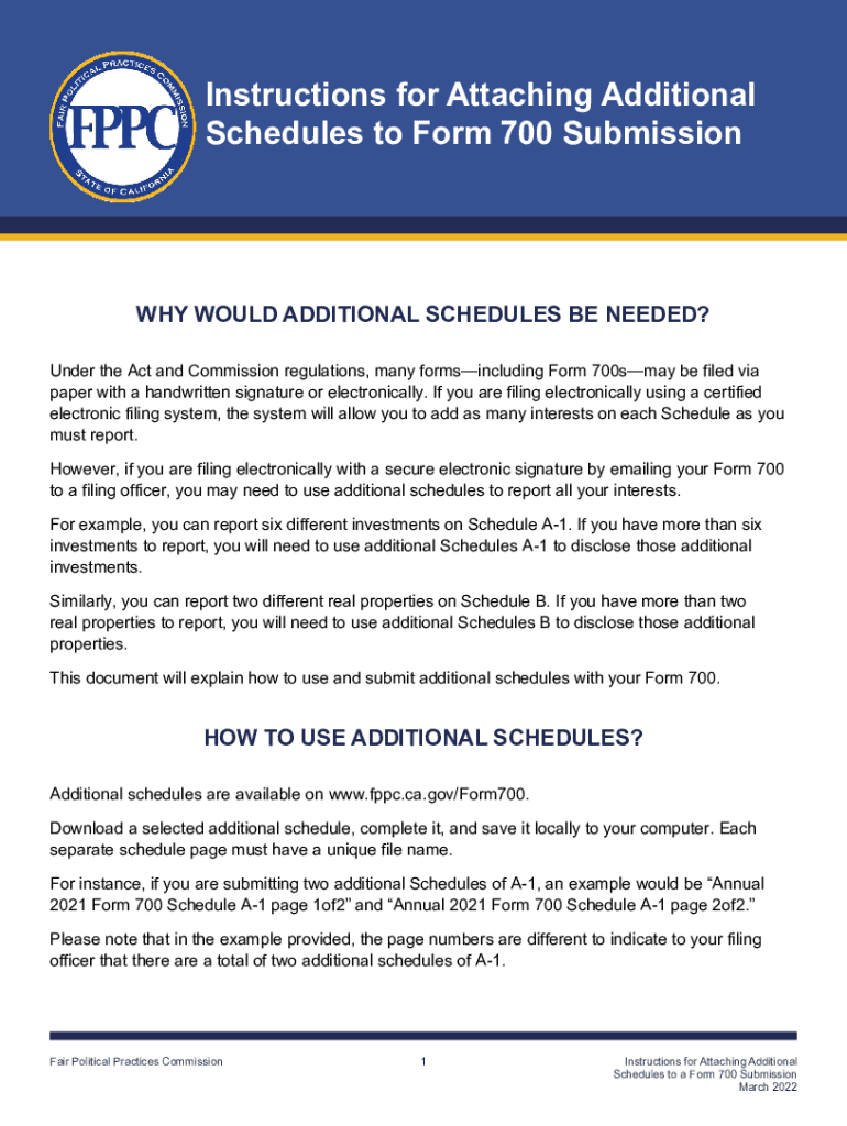 Fillable Online Fppc Ca Additional Schedules To Form 700 Instructions 