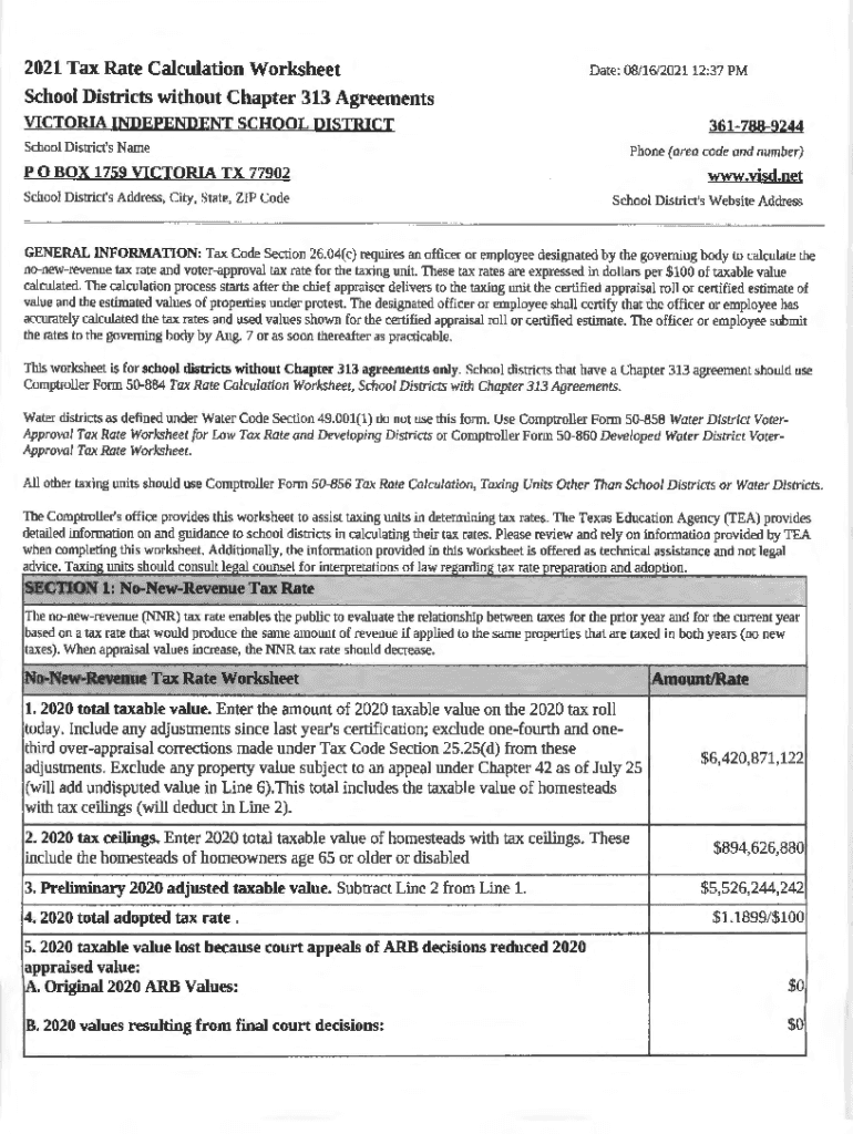 Fillable Online 2021 Tax Rate Calculation Worksheet Victoria, TX Fax Email Print pdfFiller