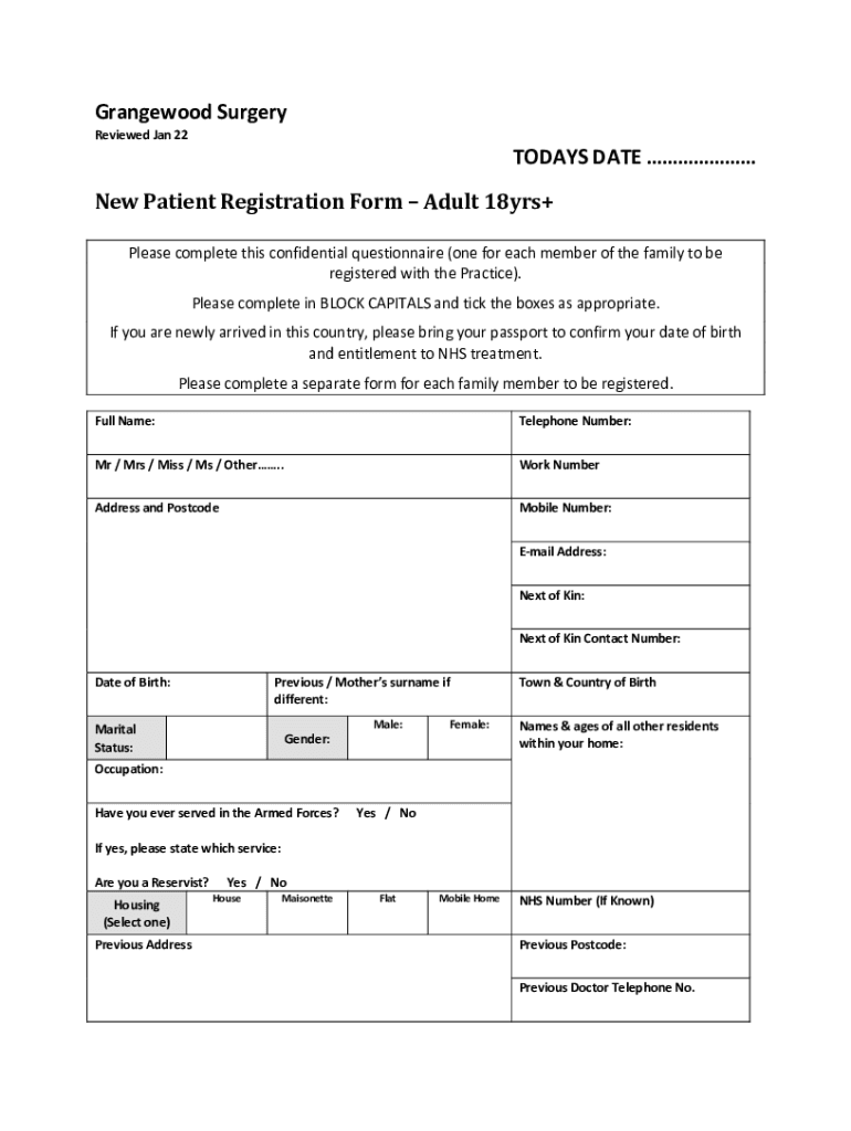 Fillable Online New patient registration and health form Abbey Wood