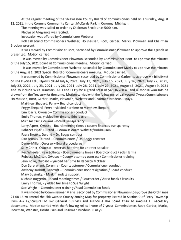 Fillable Online 12, 2021, in the Corunna Community Center, McCurdy Park