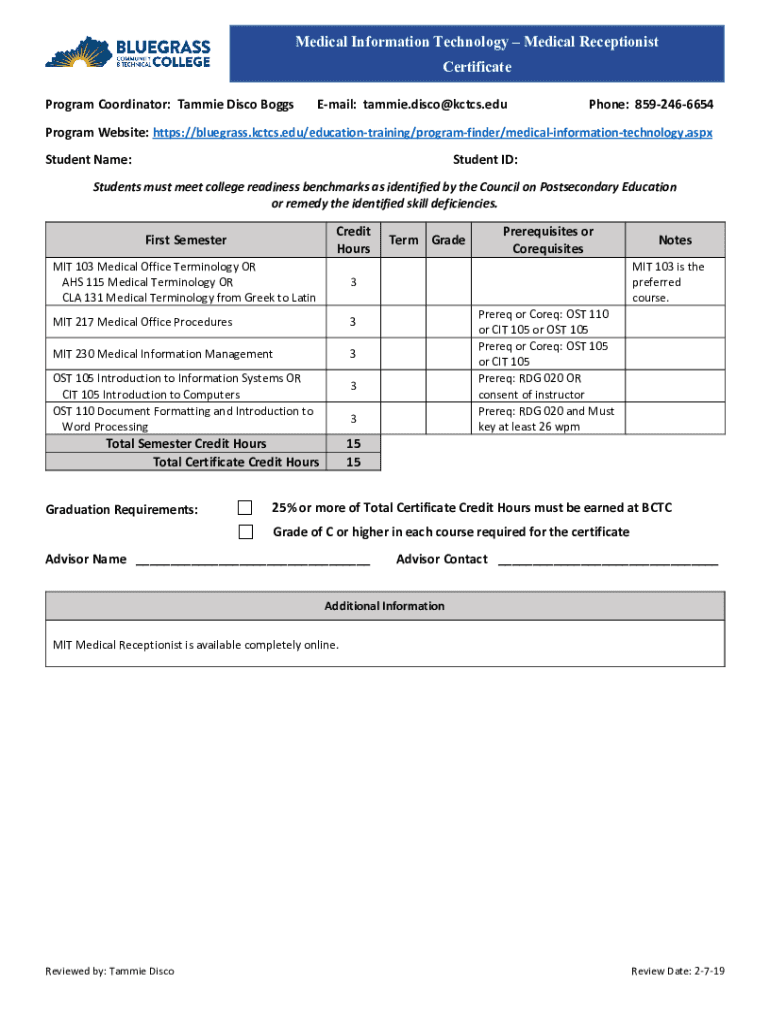 Fillable Online Medical Receptionist CertificateKCTCS Fax Email Print Fillable Online Medical Receptionist CertificateKCTCS Fax Email Print