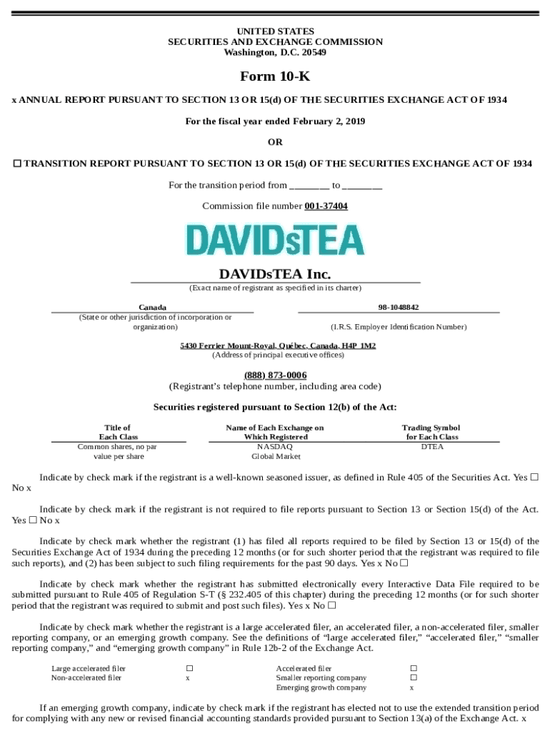 Fillable Online Form 10K DAVIDsTEA Inc. Fax Email