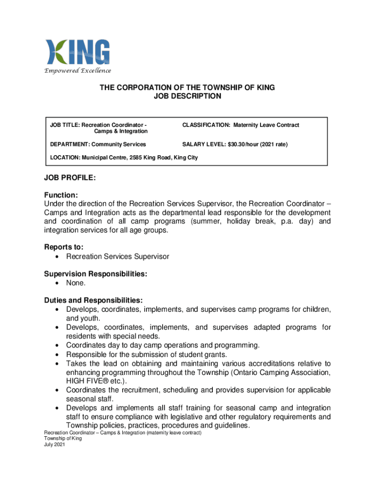 Fillable Online Empowered Excellence King is Hiring! Recreation Coordinator Fax Email Print