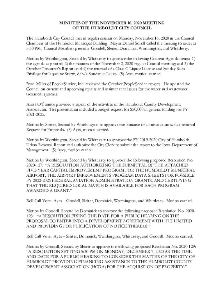 Fillable Online Mayor and Council City of Humboldt, Iowa Fax Email