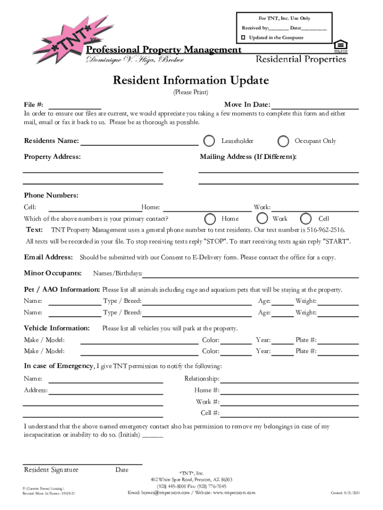 resident information update form Preview on Page 1