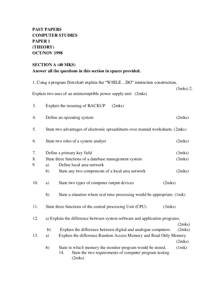 Fillable Online Computer Studies Past Papers Fill and Sign Printable