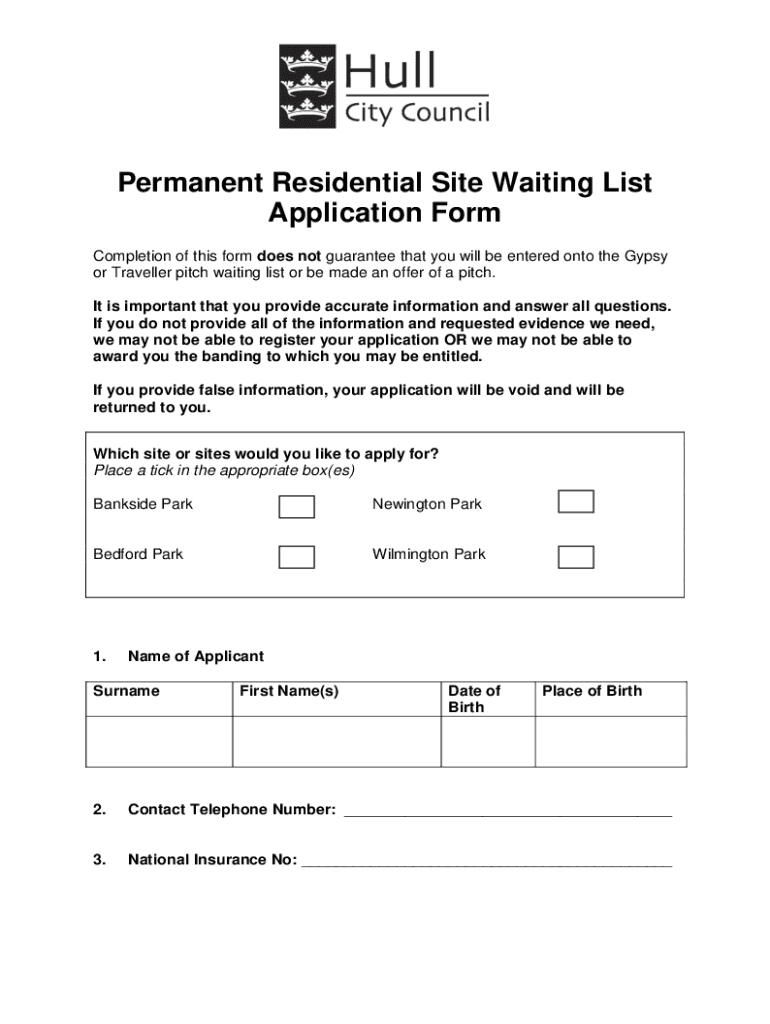 Fillable Online Hull City Council. Waiting list appliaction form Fax