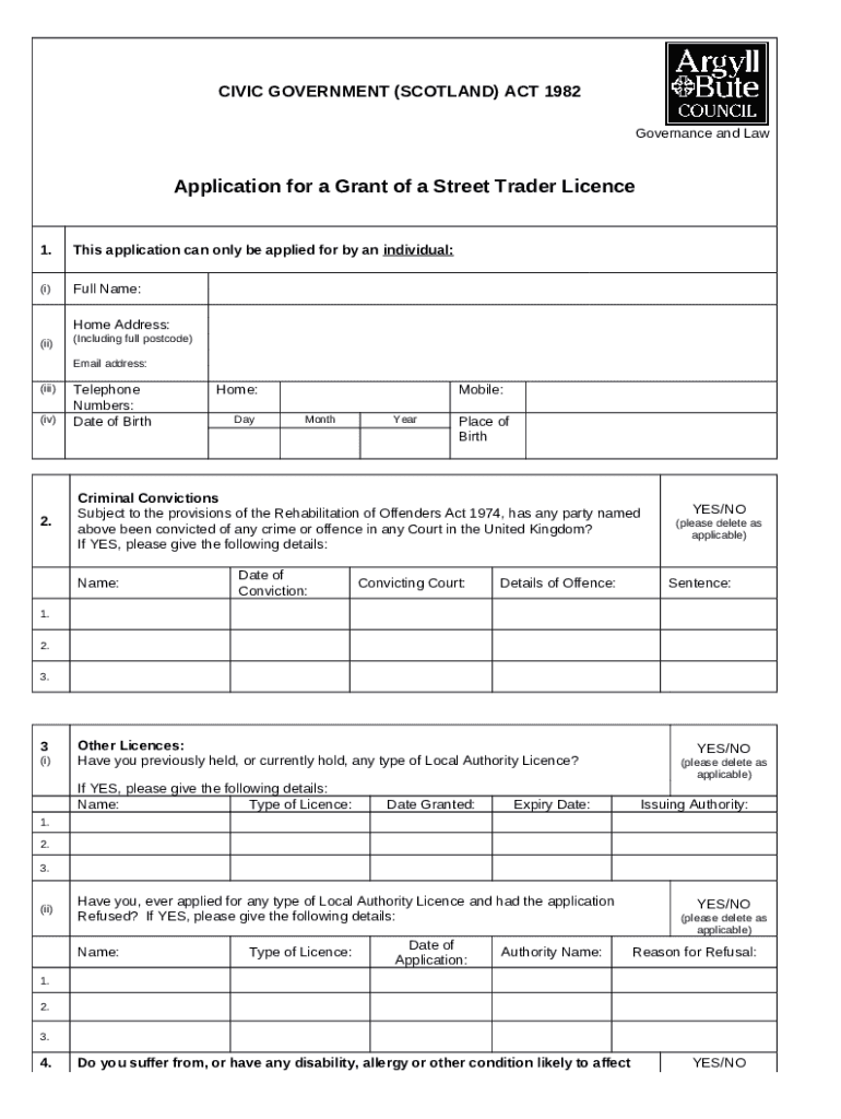 Application for a Street Trader's Licence Stirling Council argyll