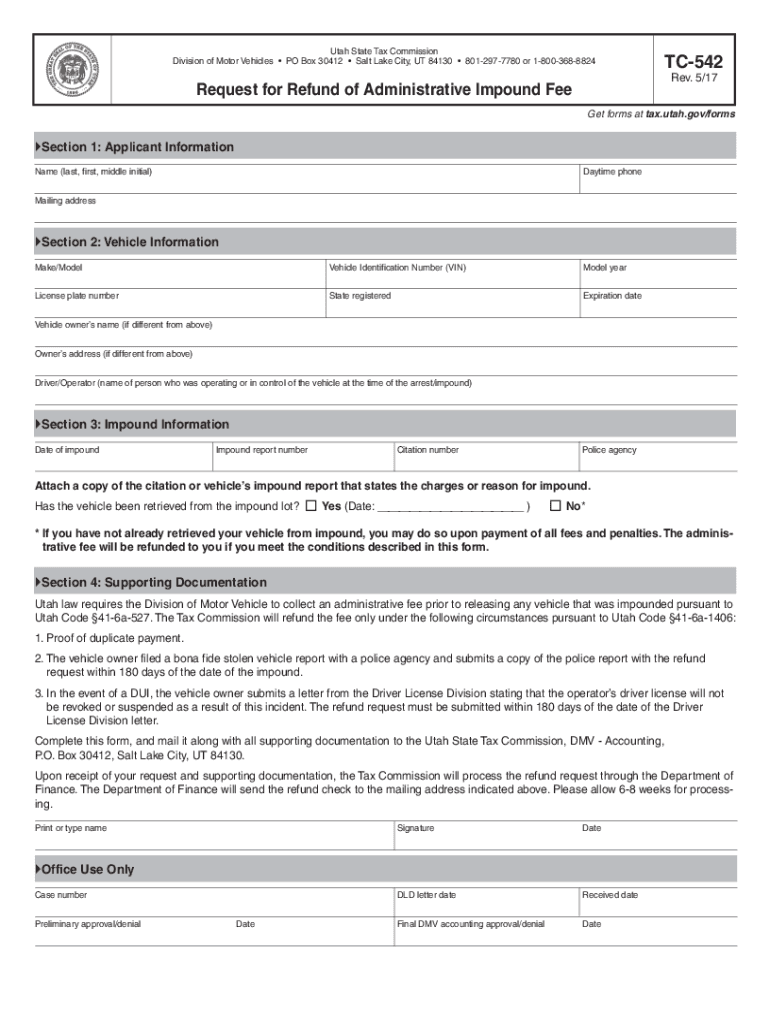 TC-542, Request for Refund of Administrative Impound Fee Forms & Publications Preview on Page 1