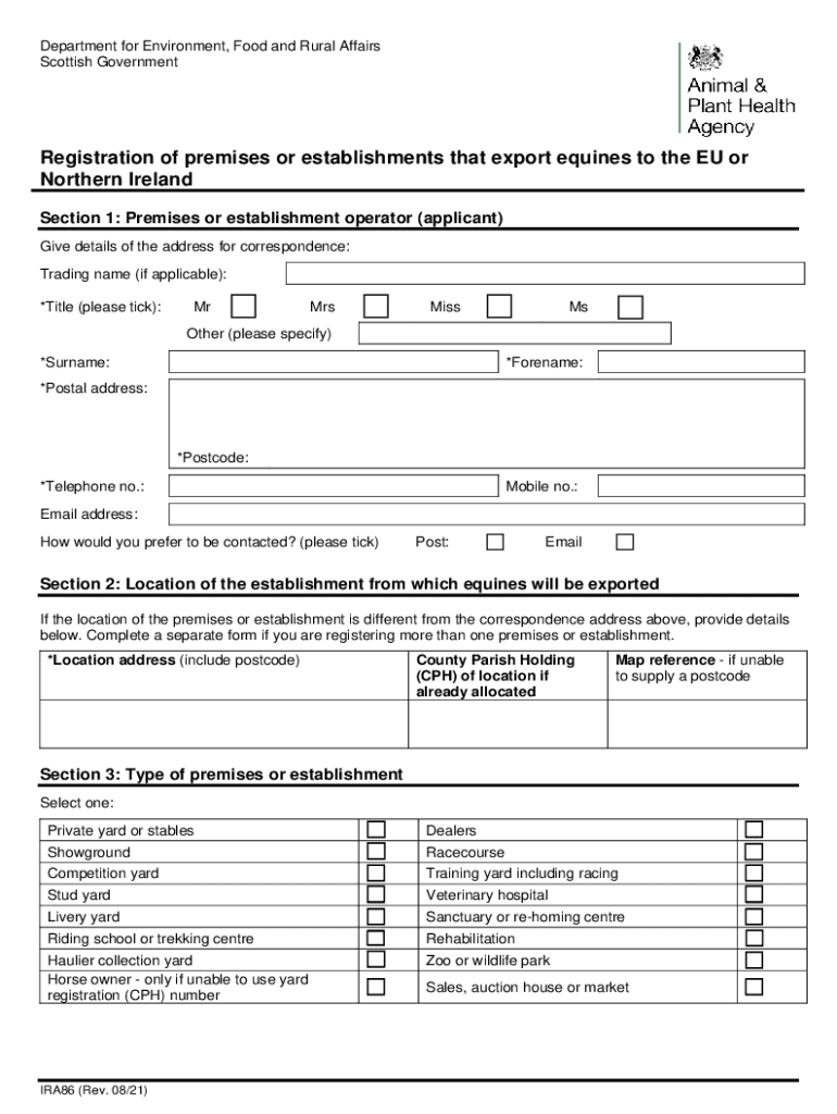 Fillable Online Equine Establishment Registration Export Health