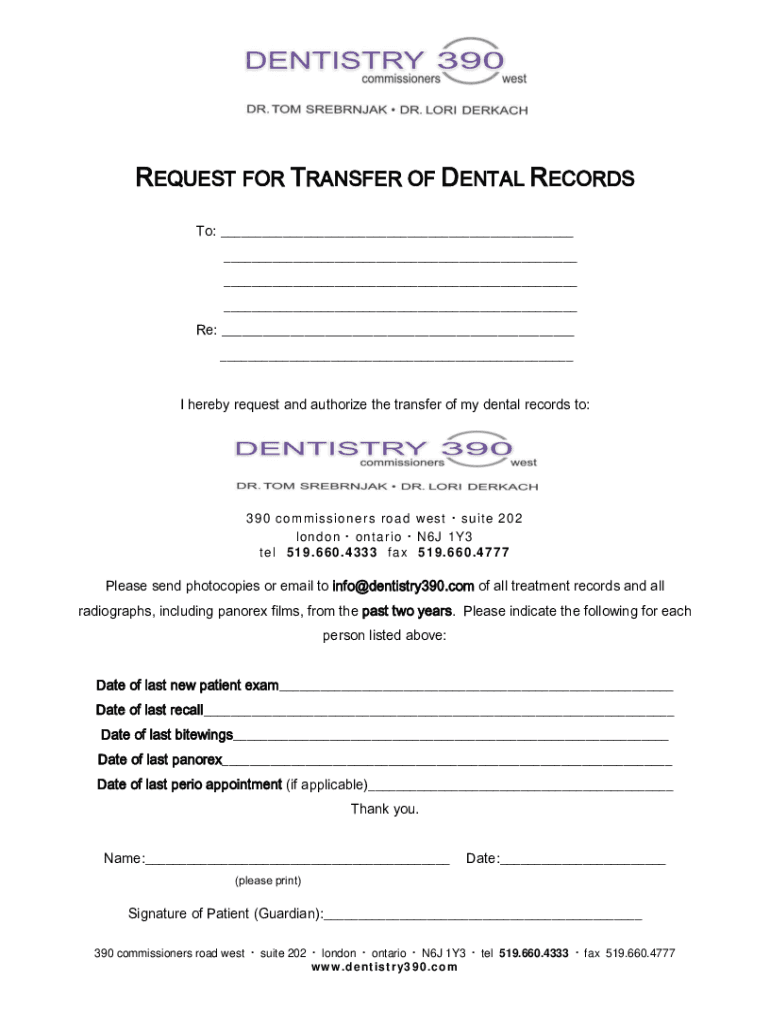Fillable Online Request for Transfer of Dental Records with email Fax