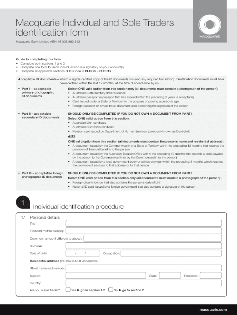 Fillable Online Macquarie Individual And Sole Traders Identification ...