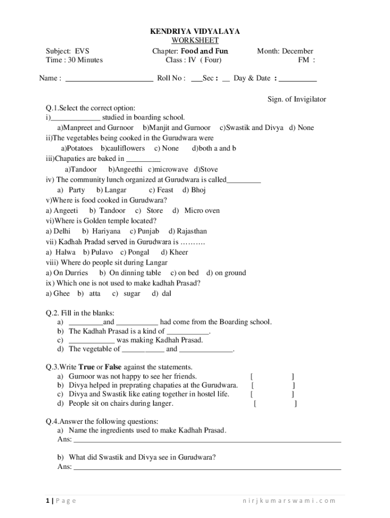 Fillable Online Food and Fun Worksheet SolutionsClass 4 EVS Chapter