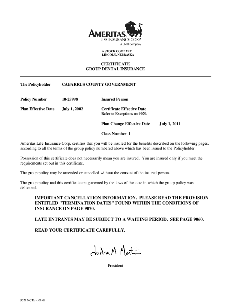 Fillable Online Uniform Dental Benefits Certificate of CoverageETF Fax