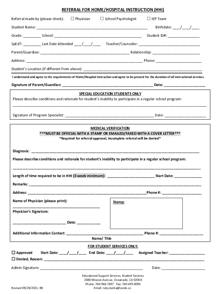 Fillable Online HomeHospital Instruction Services form Hawaii DOE Fax Email Print pdfFiller