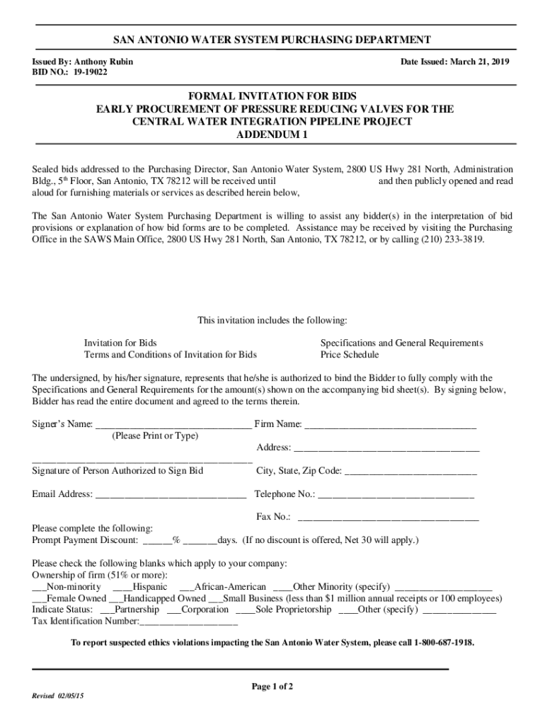 Fillable Online SAWS Procurement Bids San Antonio Water System Fax Email Print pdfFiller