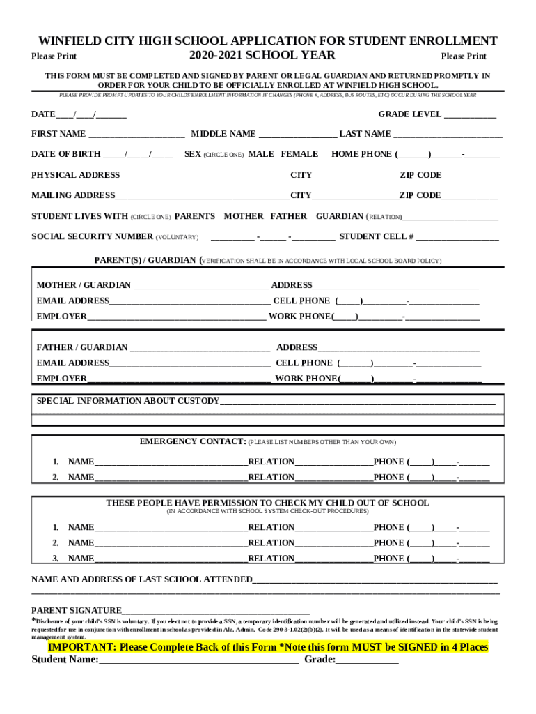 WINFIELD CITY HIGH SCHOOL APPLICATION FOR STUDENT ENROLLMENT Doc