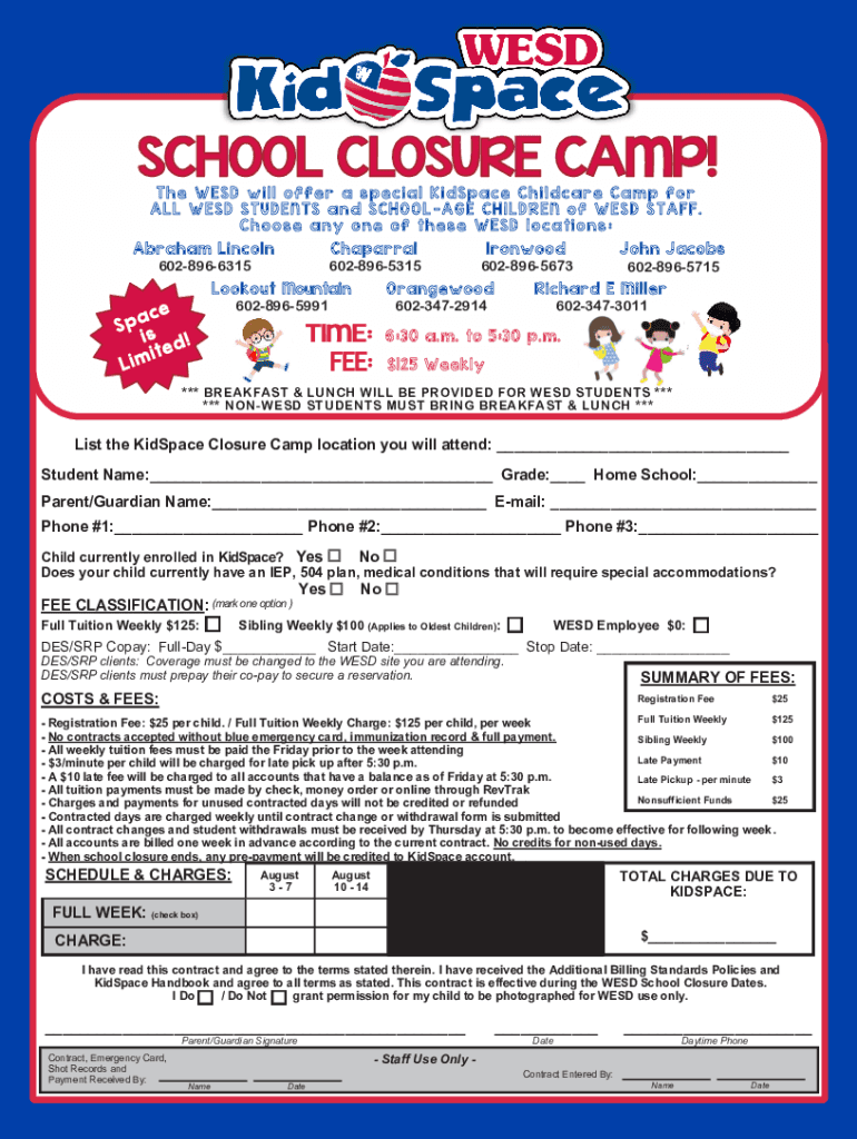 Fillable Online The WESD will offer a special KidSpace Childcare Camp for Fax Email Print
