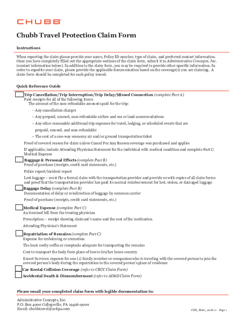 Fillable Online Claim procedure for Travel Insurance Chubb Fax Email