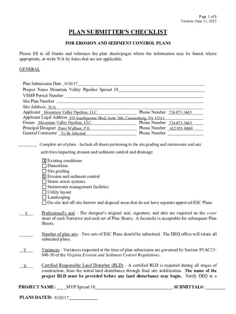 Fillable Online plan submitter's checklist for erosion and sediment