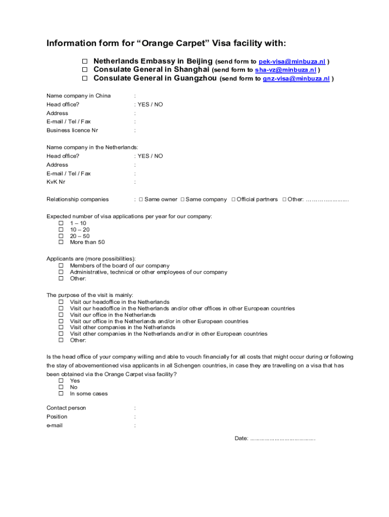 Fillable Online Information form for Orange Carpet Visa facility with