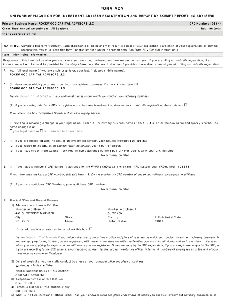 Fillable Online Primary Business Name ROCKWOOD CAPITAL ADVISORS LLC