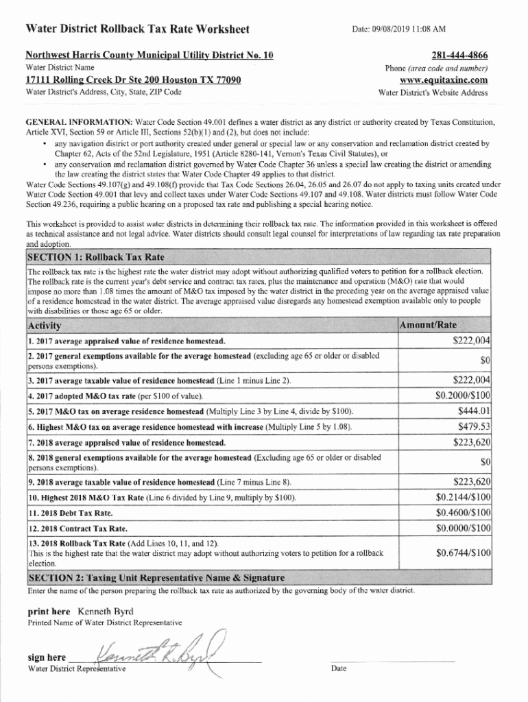 Fillable Online 2019 Tax Rate Calculation Worksheet Brazos County Fax