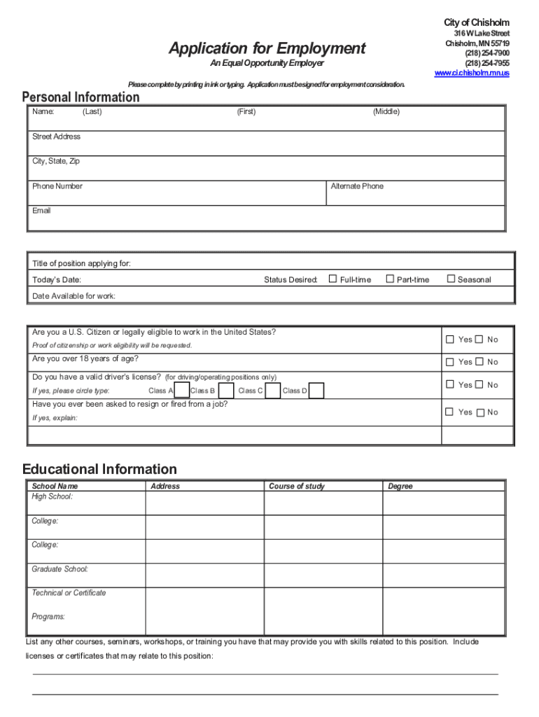 Fillable Online Fillable Online ci chisholm mn Application for