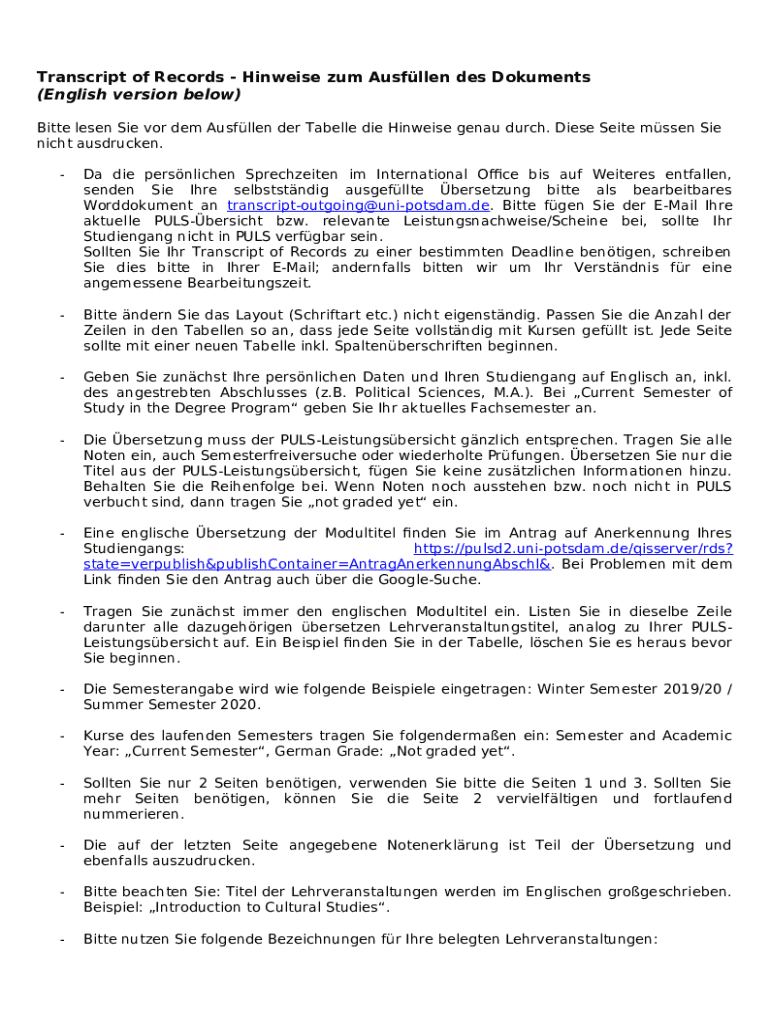 Explanation Of The Transcript Of Records And The Belegliste Doc