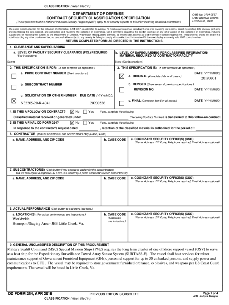 Fillable Online DD 254 DoD Contract Security Classification