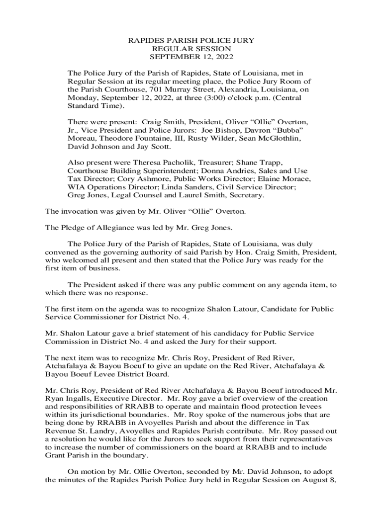 Fillable Online rapides parish police jury special session september 12