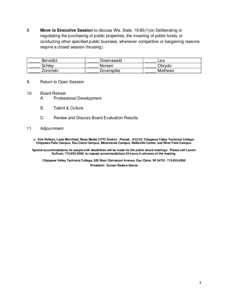 Fillable Online Adjourn into Executive Session immediately after the