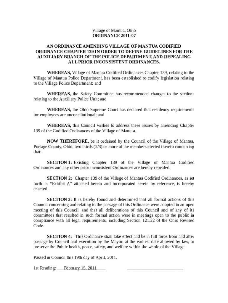 ORDINANCE NO Village of Mantua Doc Template pdfFiller