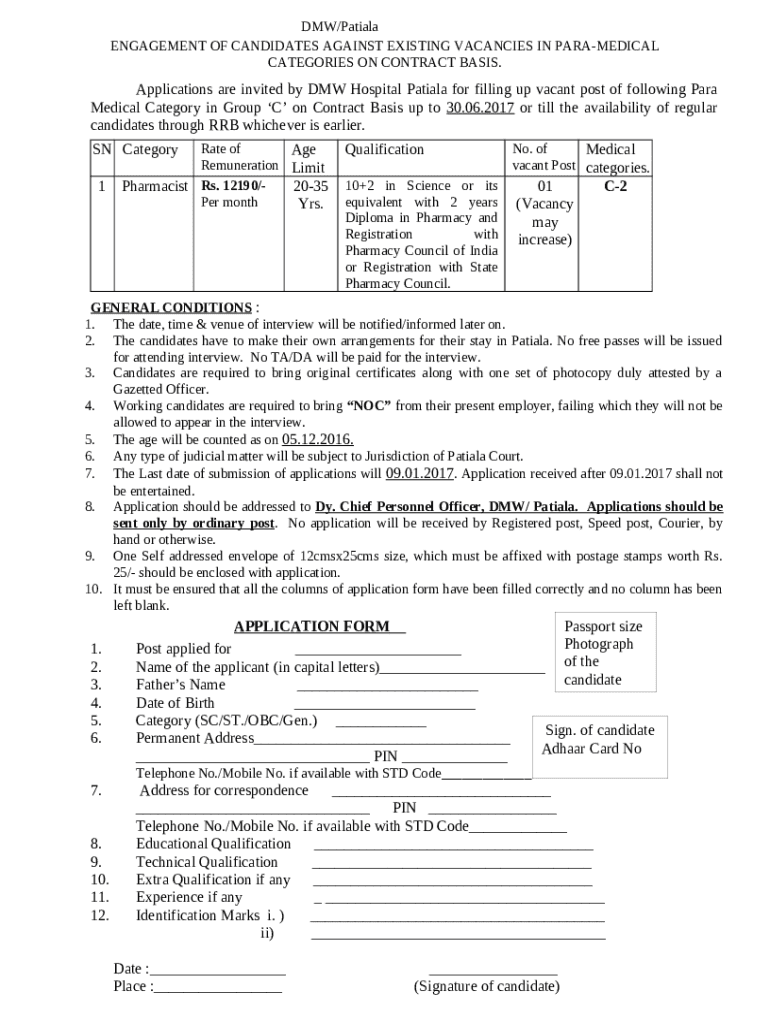 Application For Employment DMW Railway Hospital Patiala Doc