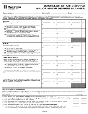 Fillable Online Bachelor of Arts 2021-22 Major-Minor Degree Planner ...
