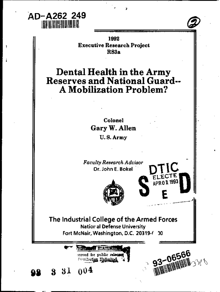 Fillable Online Dental Health in the Army Reserves and National Guard ...