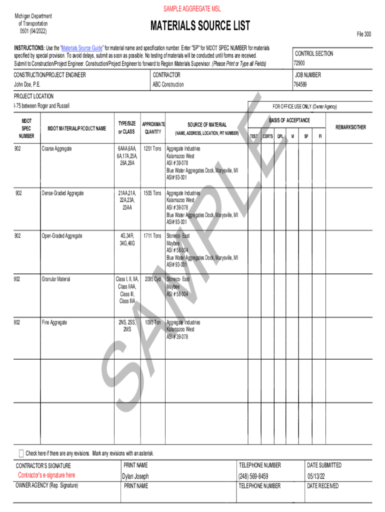 Fillable Online mdotwiki state mi Sample Aggregate MSL Form 0501. MATERIALS SOURCE LIST Fax