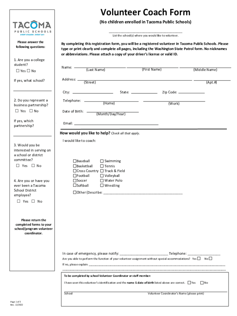 Volunteer Coach Form - Tacoma Public Schools - DocHub Preview on Page 1