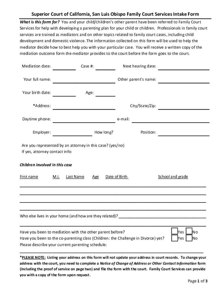 California San Intake Form - Fill Online, Printable, Fillable, Blank Preview on Page 1