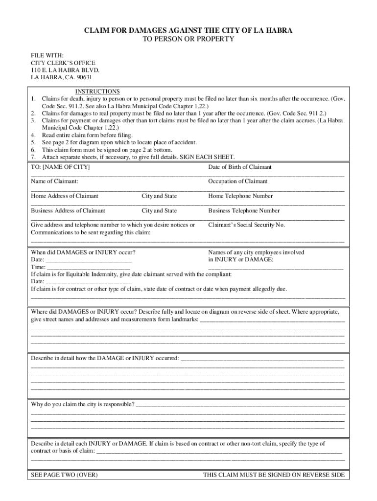 CLAIM FOR DAMAGES AGAINST THE CITY OF LA HABRA Preview on Page 1