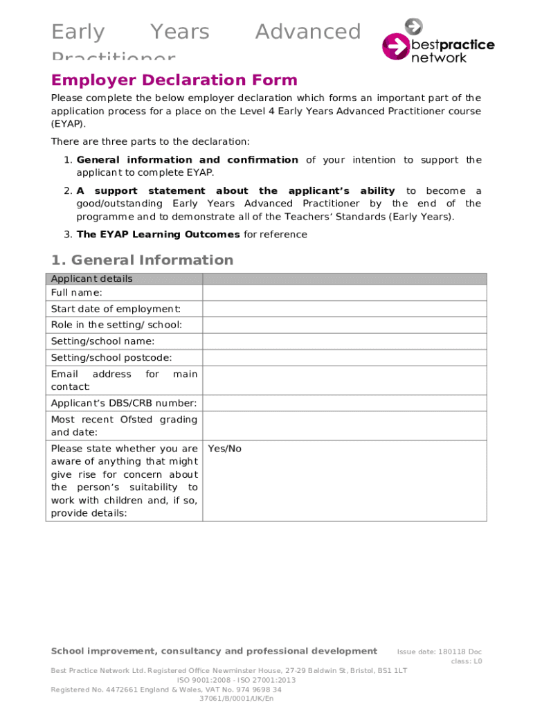 Employer Declaration Best Practice Network Doc Template pdfFiller