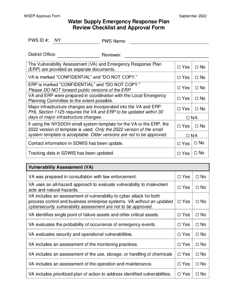 Fillable Online Water Supply Emergency Response Plan Review Checklist and Approval Form. Water