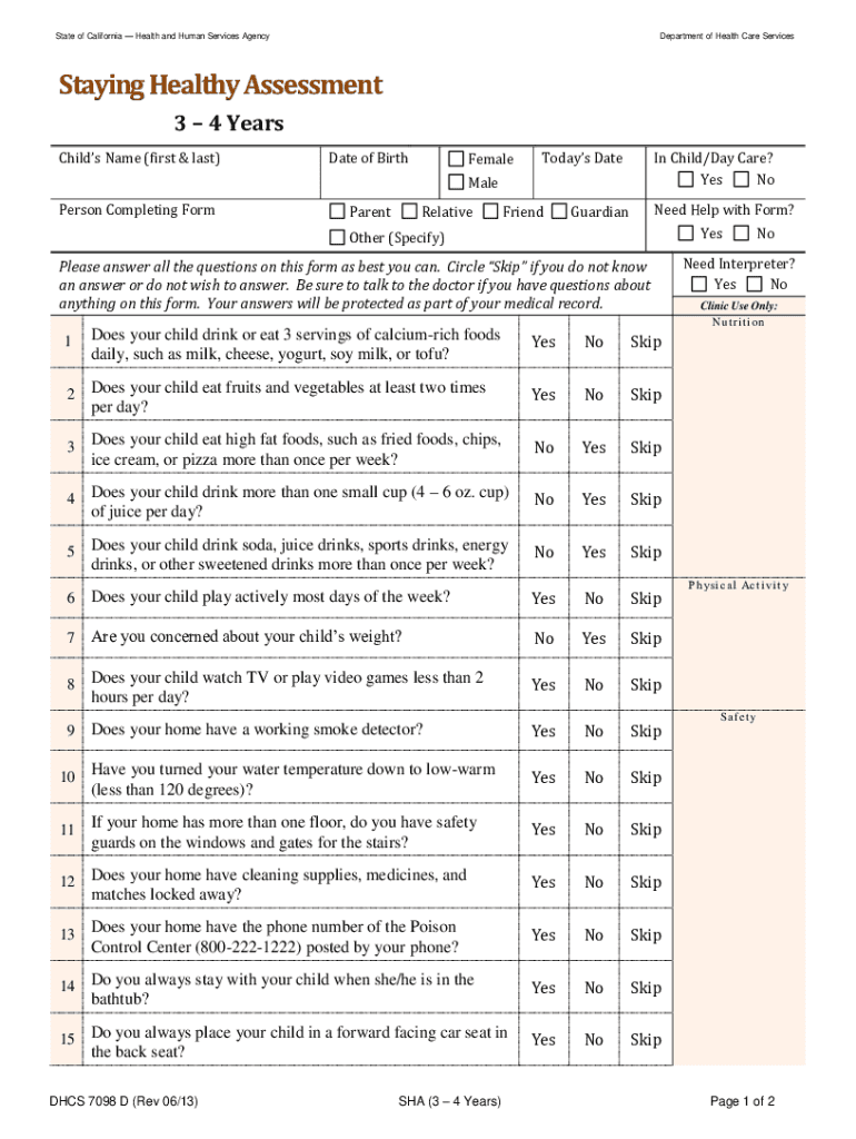 Fillable Online Get the free staying healthy assessment form Fax Email ...